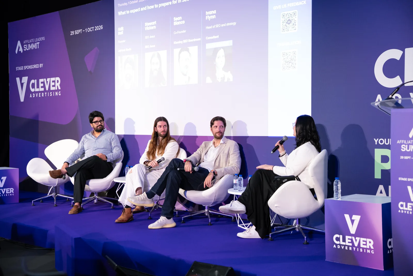 The SEO in 2027 panel at SBC Summit Lisbon 2026: Udit Bali, Stewart Vickers, Sean Bianco and moderator Ivana Flynn
