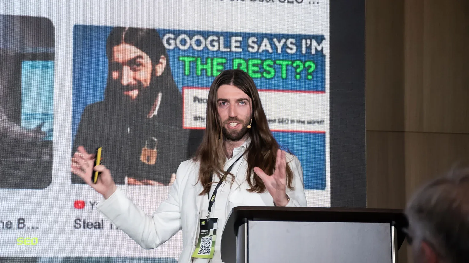 Stewart Vickers at the lectern, Baltic-Nordic SEO Summit 2026, Vilnius